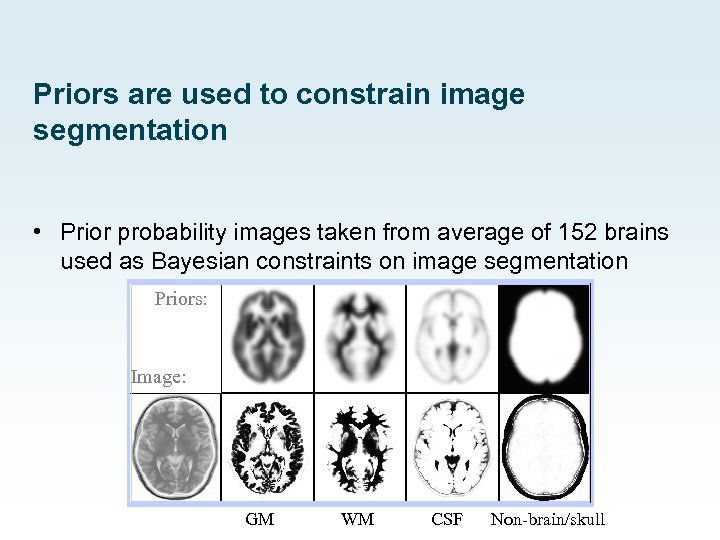 Priors are used to constrain image segmentation • Prior probability images taken from average