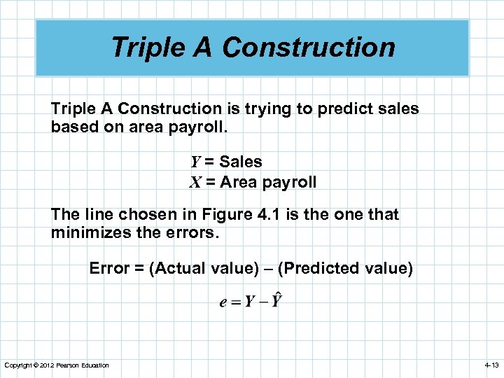 Triple A Construction is trying to predict sales based on area payroll. Y =