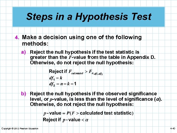 Steps in a Hypothesis Test 4. Make a decision using one of the following