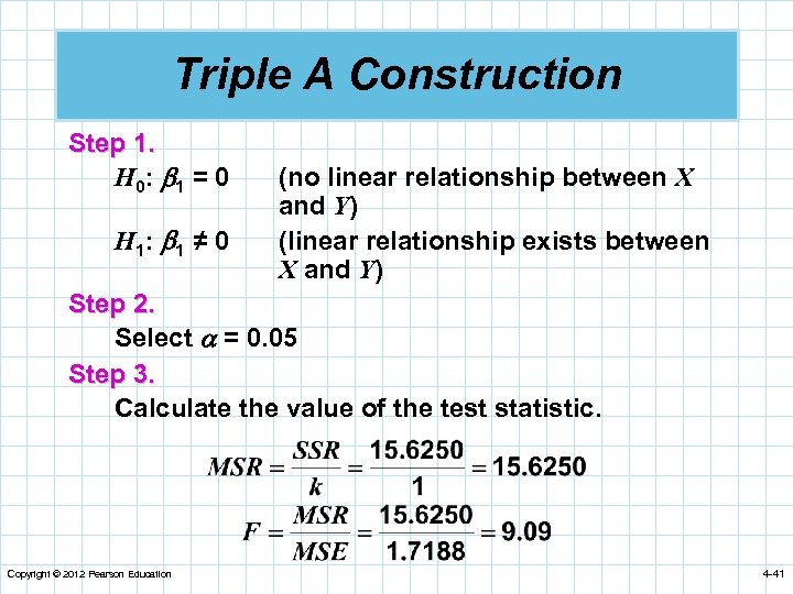 Triple A Construction Step 1. H 0: 1 = 0 H 1: 1 ≠