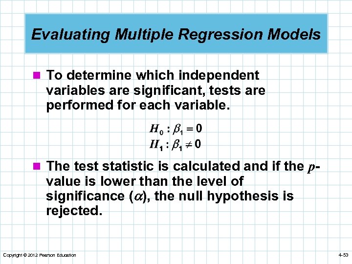 Evaluating Multiple Regression Models n To determine which independent variables are significant, tests are