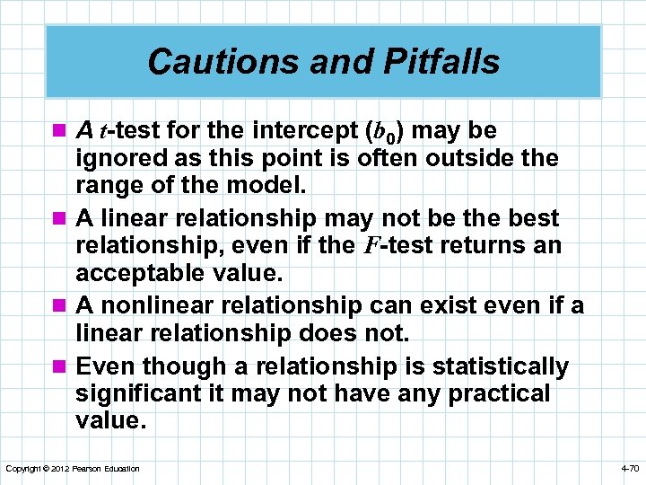 Cautions and Pitfalls n A t-test for the intercept (b 0) may be ignored