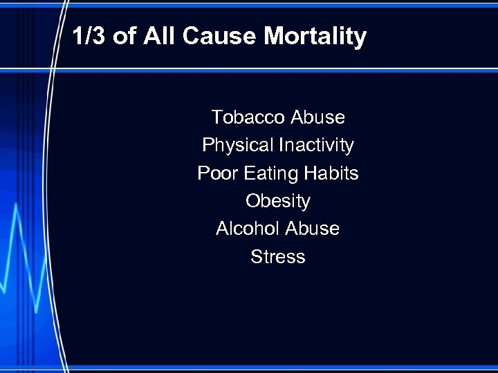 1/3 of All Cause Mortality Tobacco Abuse Physical Inactivity Poor Eating Habits Obesity Alcohol