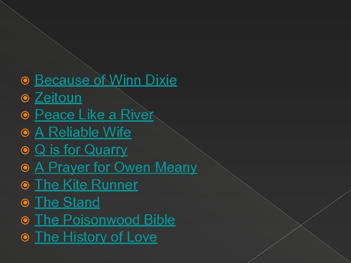  Because of Winn Dixie Zeitoun Peace Like a River A Reliable Wife Q