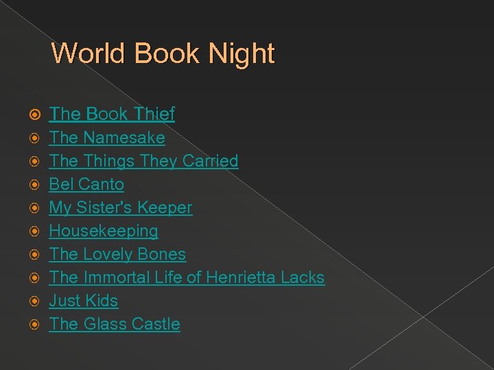 World Book Night The Book Thief The Namesake Things They Carried Bel Canto My