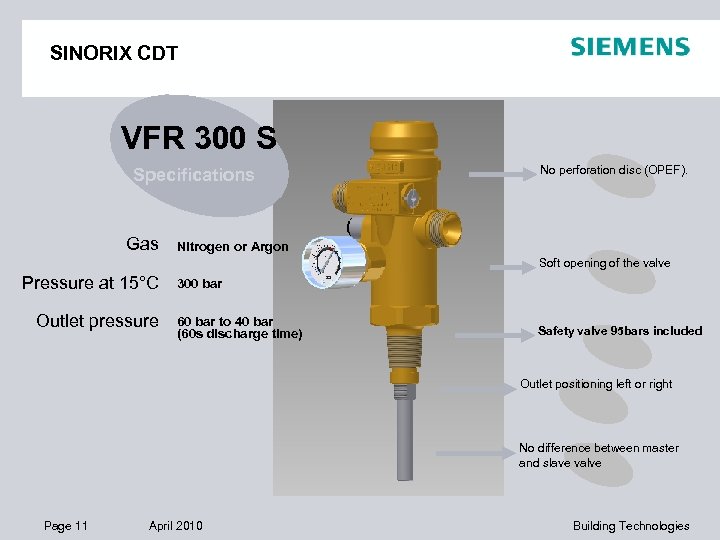 SINORIX CDT VFR 300 S Specifications Gas No perforation disc (OPEF). Nitrogen or Argon