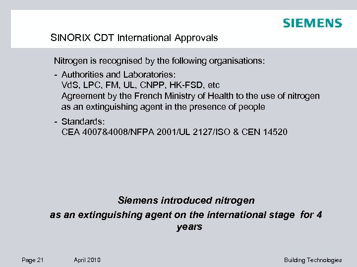 SINORIX CDT International Approvals Nitrogen is recognised by the following organisations: - Authorities and