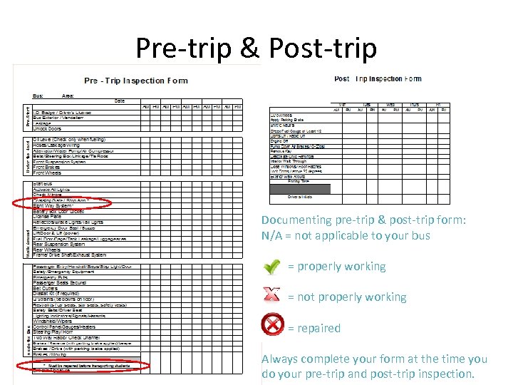 Pre-trip & Post-trip Documenting pre-trip & post-trip form: N/A = not applicable to your