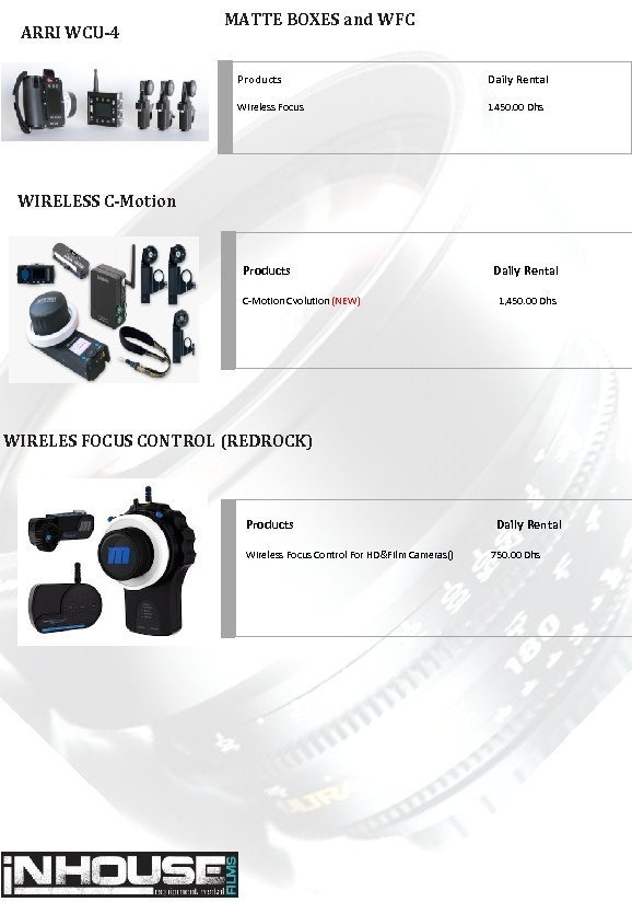 ARRI WCU-4 MATTE BOXES and WFC Products Daily Rental Wireless Focus 1450. 00 Dhs
