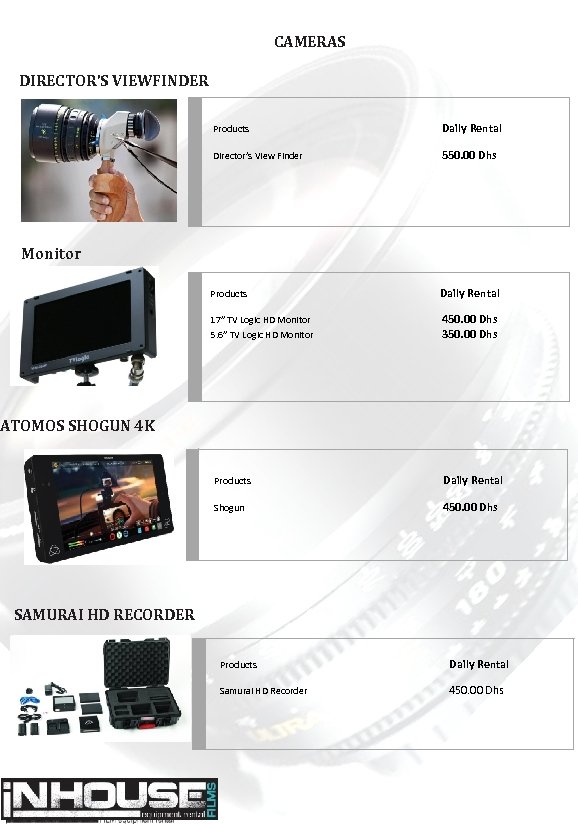 CAMERAS DIRECTOR’S VIEWFINDER Products Daily Rental Director’s View Finder 550. 00 Dhs Products Daily