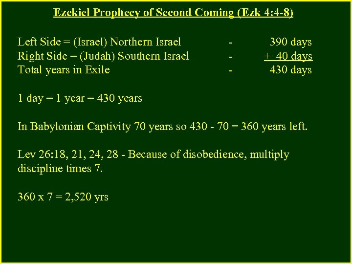 Ezekiel Prophecy of Second Coming (Ezk 4: 4 -8) Left Side = (Israel) Northern