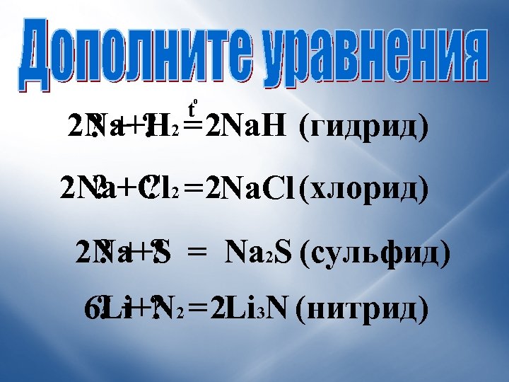 о t 2 Na+H 2 = 2 Na. H (гидрид) ? +? 2 Na+Cl