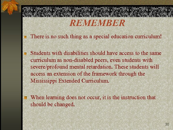 REMEMBER There is no such thing as a special education curriculum! Students with disabilities