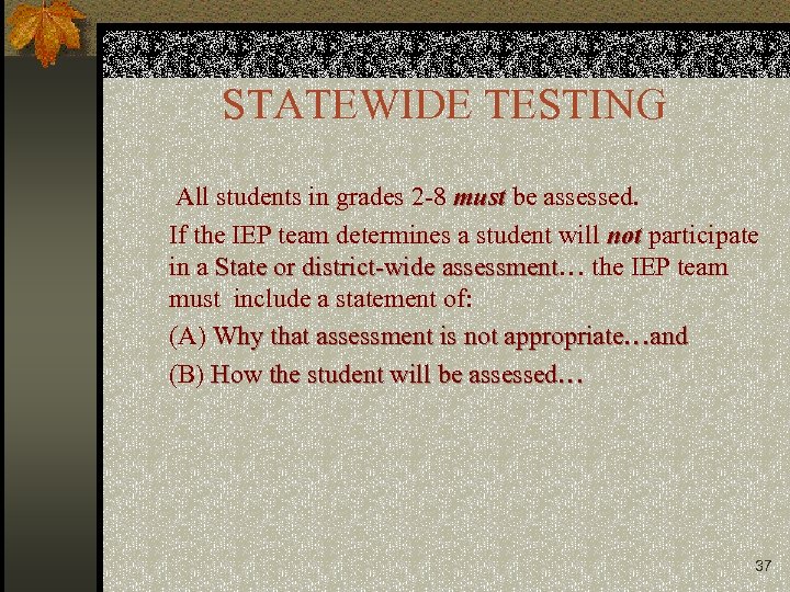 STATEWIDE TESTING All students in grades 2 -8 must be assessed. If the IEP