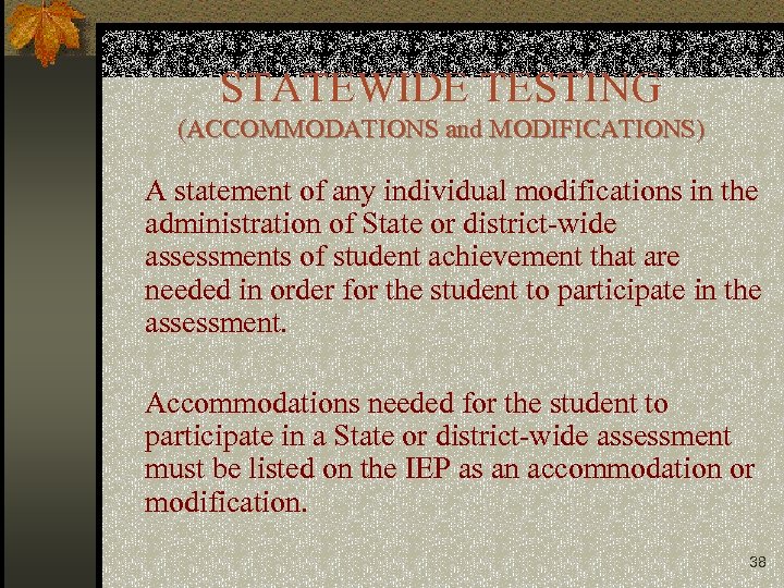STATEWIDE TESTING (ACCOMMODATIONS and MODIFICATIONS) A statement of any individual modifications in the administration