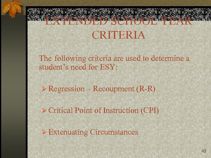 EXTENDED SCHOOL YEAR CRITERIA The following criteria are used to determine a student’s need