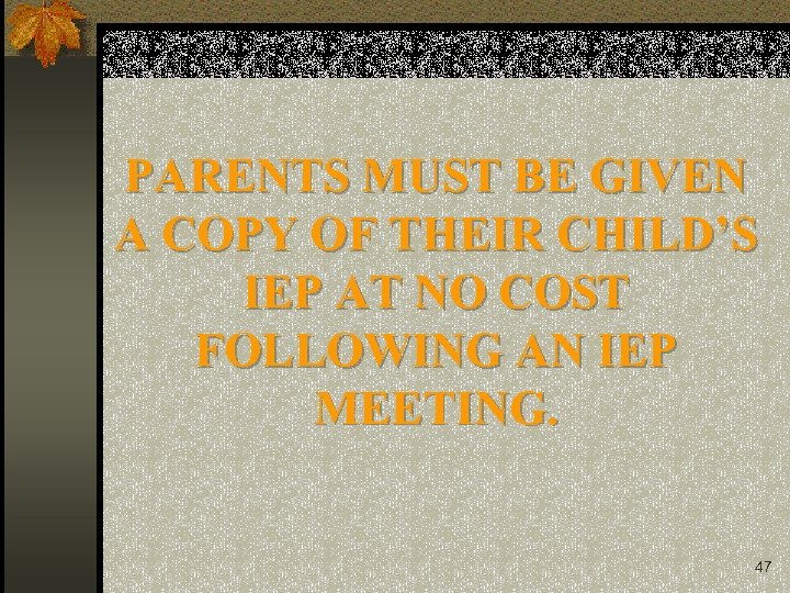 PARENTS MUST BE GIVEN A COPY OF THEIR CHILD’S IEP AT NO COST FOLLOWING