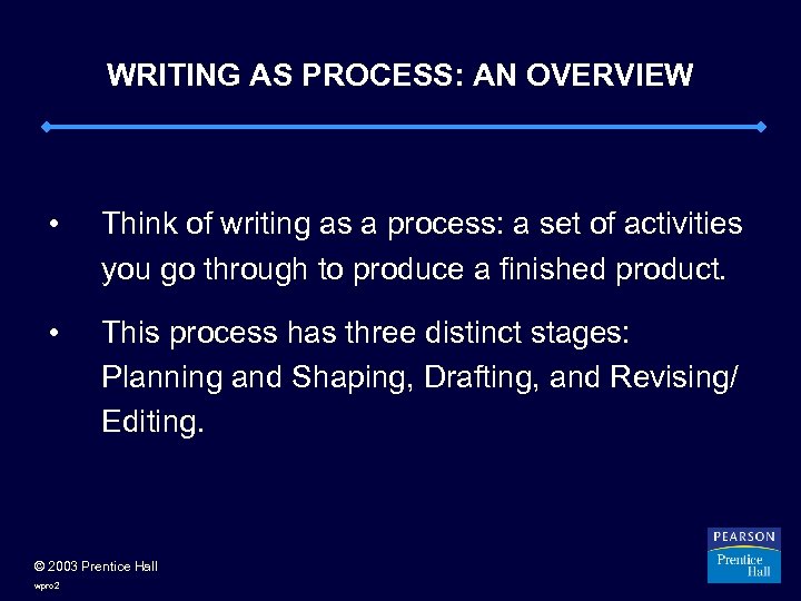 WRITING AS PROCESS: AN OVERVIEW • Think of writing as a process: a set