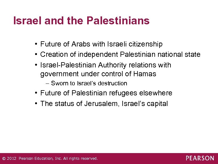 Israel and the Palestinians • Future of Arabs with Israeli citizenship • Creation of