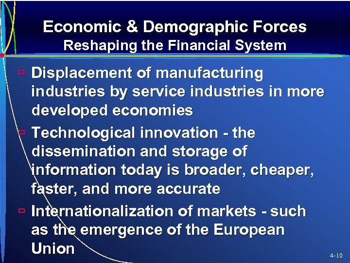 Economic & Demographic Forces Reshaping the Financial System ù Displacement of manufacturing industries by