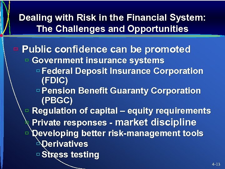 Dealing with Risk in the Financial System: The Challenges and Opportunities ù Public confidence