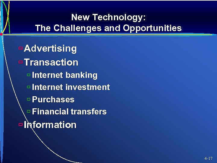 New Technology: The Challenges and Opportunities ù Advertising ù Transaction ù Internet banking ù