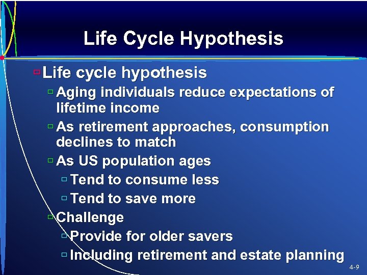 Life Cycle Hypothesis ù Life cycle hypothesis ù Aging individuals reduce expectations of lifetime