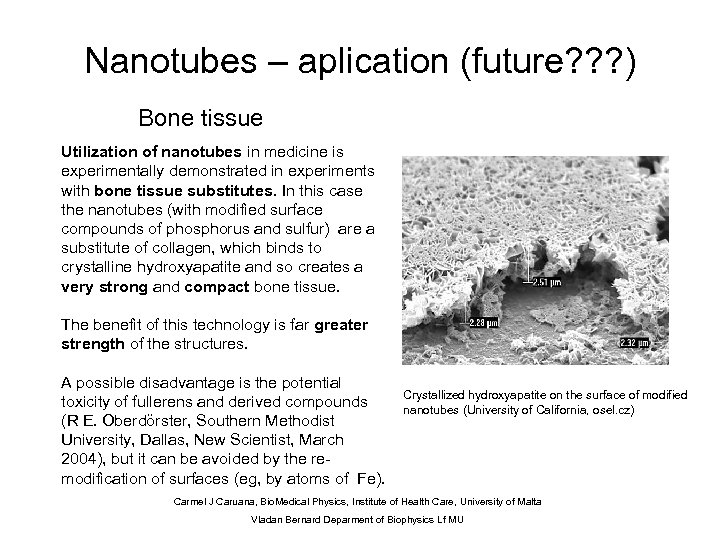 Nanotubes – aplication (future? ? ? ) Bone tissue Utilization of nanotubes in medicine