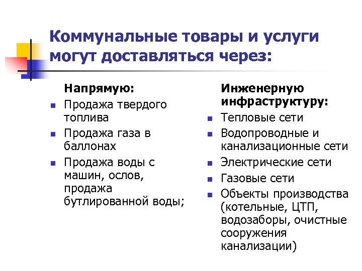 Коммунальные товары и услуги могут доставляться через: n n n Напрямую: Продажа твердого топлива