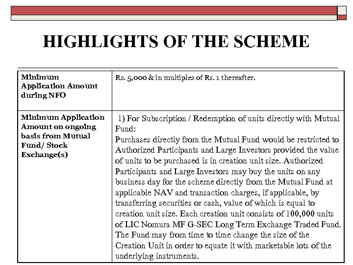 HIGHLIGHTS OF THE SCHEME Minimum Application Amount during NFO Rs. 5, 000 & in