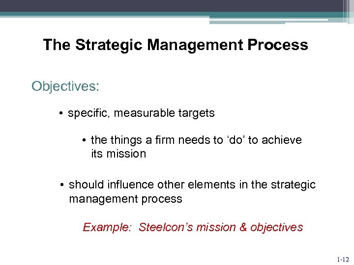 The Strategic Management Process Objectives: • specific, measurable targets • the things a firm