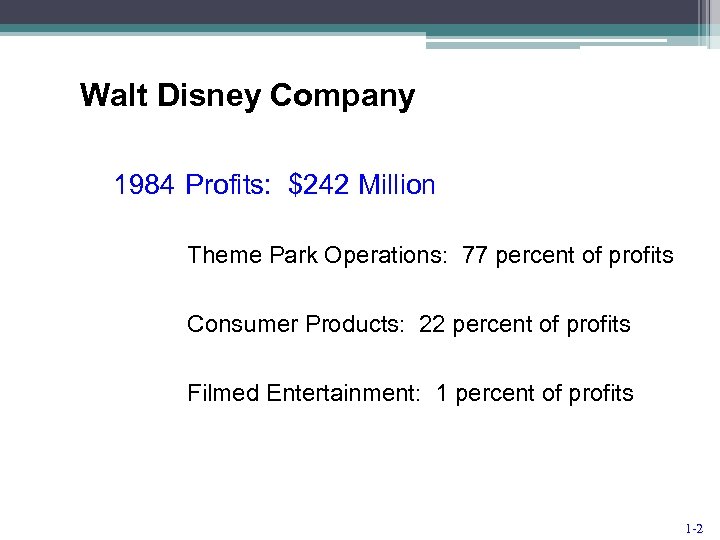 Walt Disney Company 1984 Profits: $242 Million Theme Park Operations: 77 percent of profits