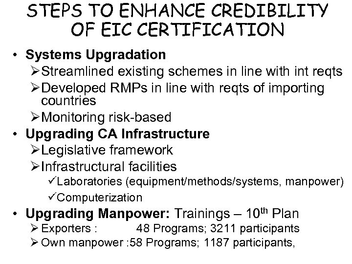 STEPS TO ENHANCE CREDIBILITY OF EIC CERTIFICATION • Systems Upgradation ØStreamlined existing schemes in