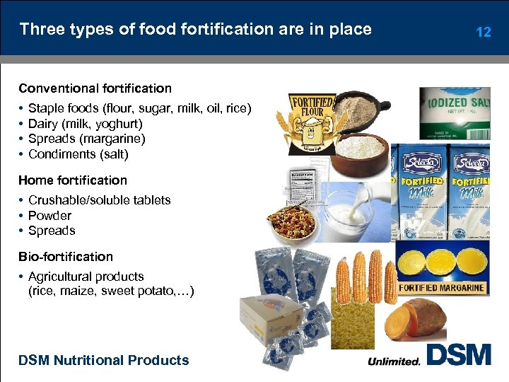 Three types of food fortification are in place Conventional fortification • • Staple foods