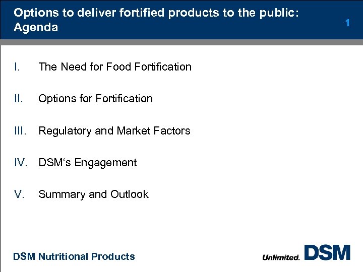 Options to deliver fortified products to the public: Agenda I. The Need for Food