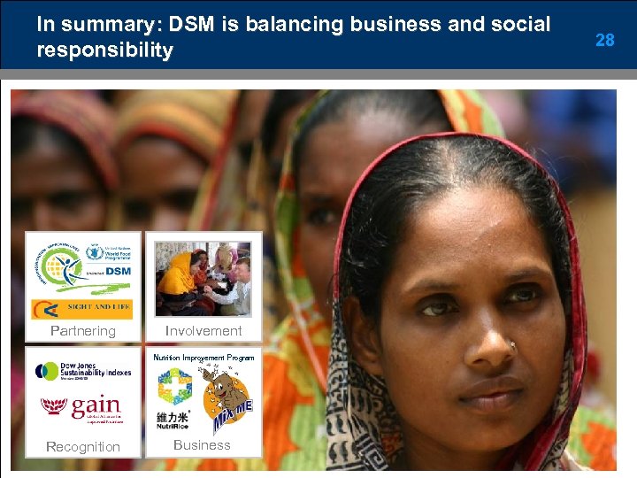 In summary: DSM is balancing business and social responsibility Partnering Involvement Nutrition Improvement Program