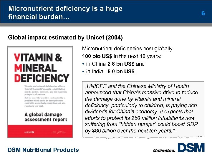 Micronutrient deficiency is a huge financial burden… Global impact estimated by Unicef (2004) Micronutrient