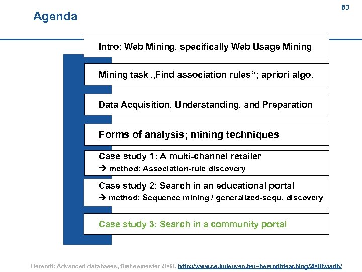 83 Agenda 83 Intro: Web Mining, specifically Web Usage Mining task „Find association rules“;