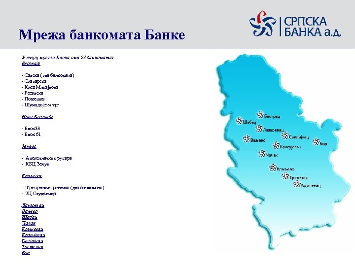 Мрежа банкомата Банке У својој мрежи Банка има 23 банкоматa: Београд: - Савска (два