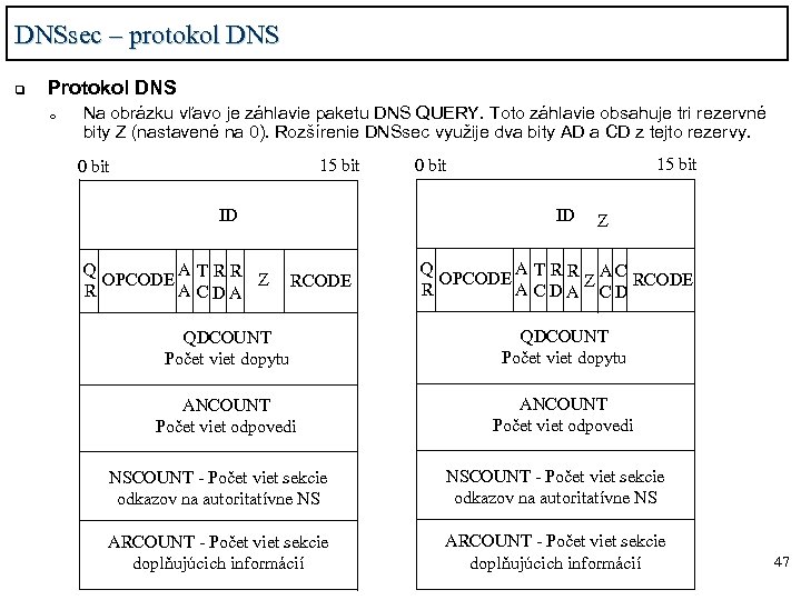DNSsec – protokol DNS q Protokol DNS o Na obrázku vľavo je záhlavie paketu