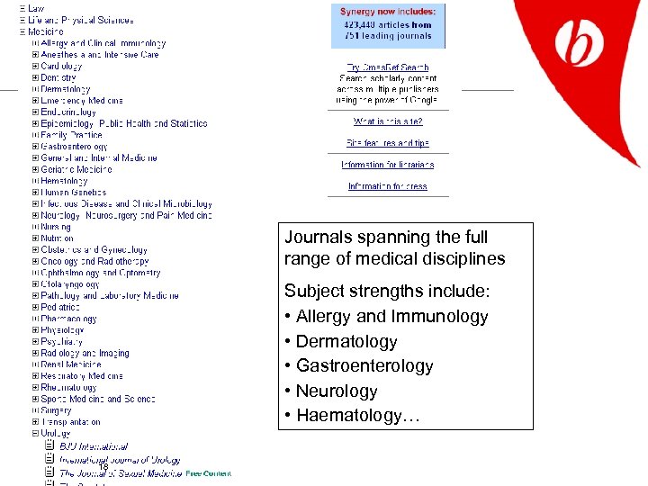 Journals spanning the full range of medical disciplines Subject strengths include: • Allergy and