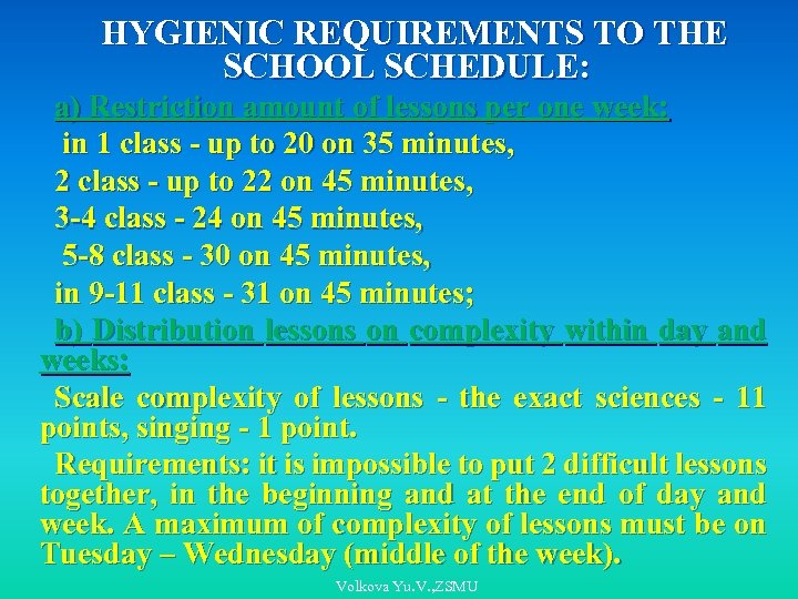 HYGIENIC REQUIREMENTS TO THE SCHOOL SCHEDULE: а) Restriction amount of lessons per one week: