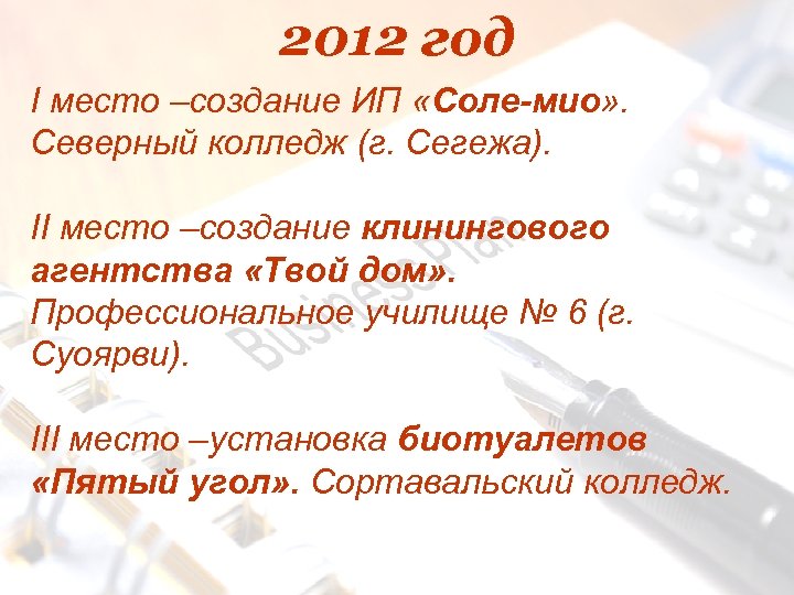 2012 год I место –создание ИП «Соле-мио» . Северный колледж (г. Сегежа). II место