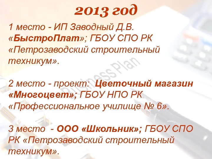 2013 год 1 место - ИП Заводный Д. В. «Быстро. Плат» ; ГБОУ СПО