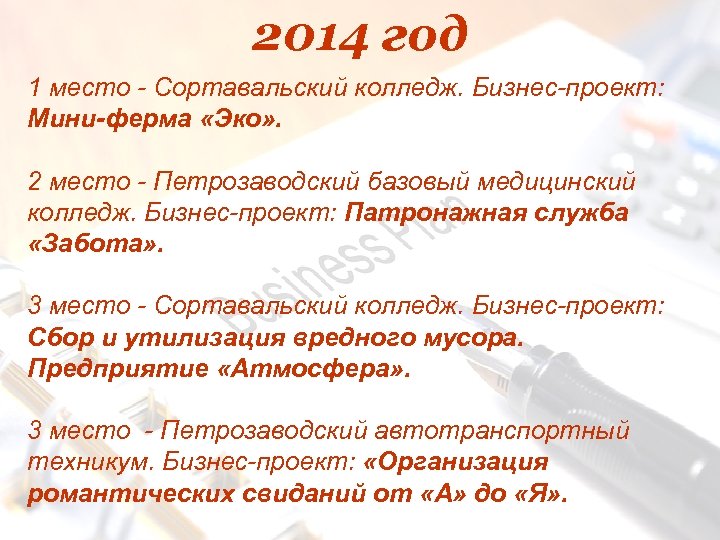 2014 год 1 место - Сортавальский колледж. Бизнес-проект: Мини-ферма «Эко» . 2 место -