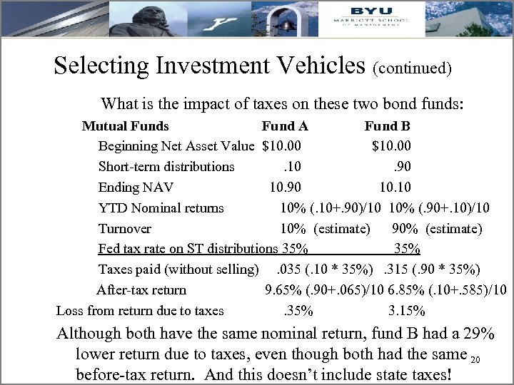 Selecting Investment Vehicles (continued) What is the impact of taxes on these two bond