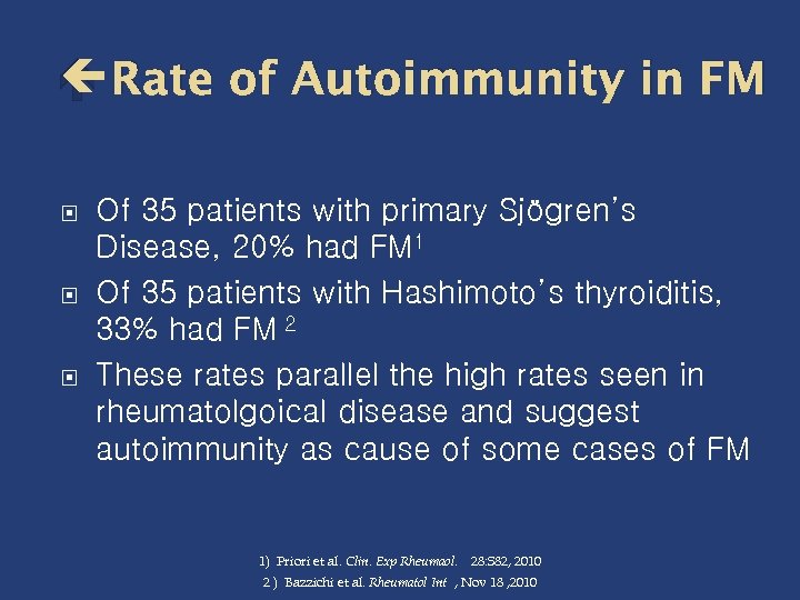  Rate of Autoimmunity in FM Of 35 patients with primary Sjögren’s Disease, 20%