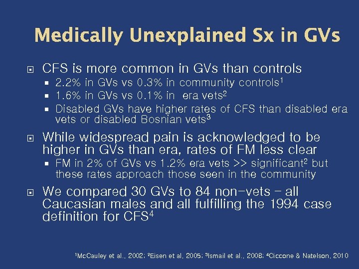 Medically Unexplained Sx in GVs CFS is more common in GVs than controls While
