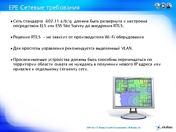 EPE Сетевые требования Сеть стандарта 802. 11 a/b/g должна быть развернута и настроена посредством