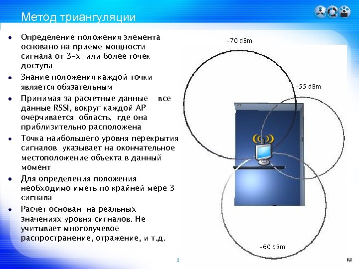 Метод триангуляции Определение положения элемента основано на приеме мощности сигнала от 3 -х или